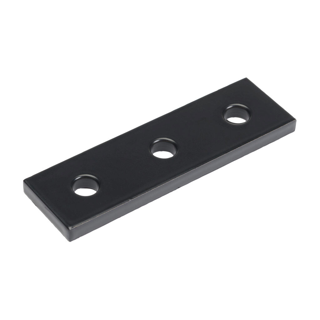 166235 - FATH straight flat plate, black, 3 holes, aluminum, slot size 6. For use with all 1in and 2in profile T-slotted rails. Manufacturer part number: 093EVA2576S.