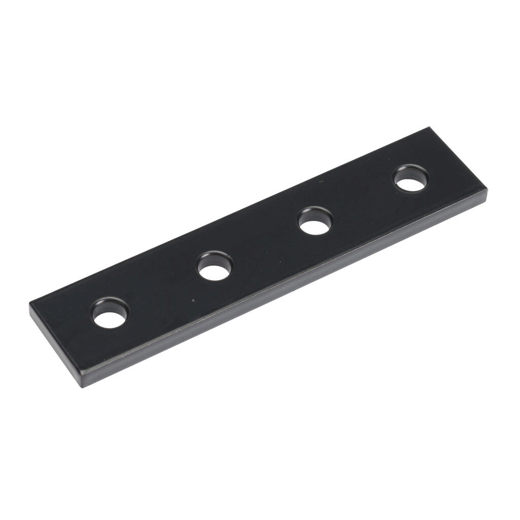 166236 - FATH straight flat plate, black, 4 holes, aluminum, slot size 6. For use with all 1in and 2in profile T-slotted rails. Manufacturer part number: 093EVA25102S.
