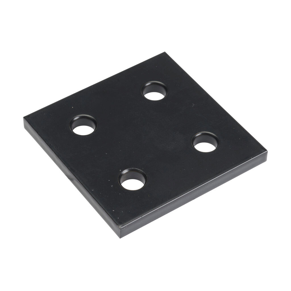 166237 - FATH square flat plate, black, 4 holes, aluminum, slot size 6. For use with all 1in and 2in profile T-slotted rails. Manufacturer part number: 093EVA5151S.
