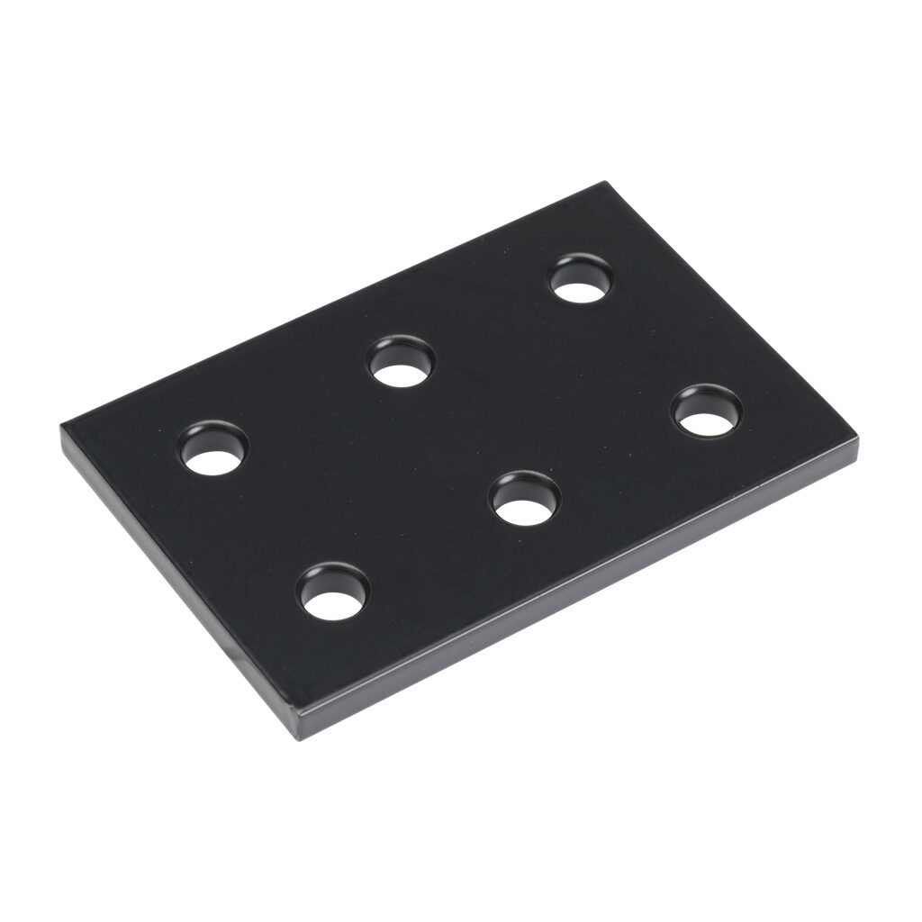 166238 - FATH rectangular flat plate, black, 6 holes, aluminum, slot size 6. For use with all 1in and 2in profile T-slotted rails. Manufacturer part number: 093EVD5176S.