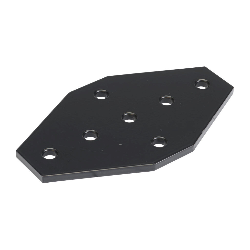 166245 - FATH cross flat plate, black, 7 holes, aluminum, slot size 6. For use with all 1in and 2in profile T-slotted rails. Manufacturer part number: 093EVX76127S.