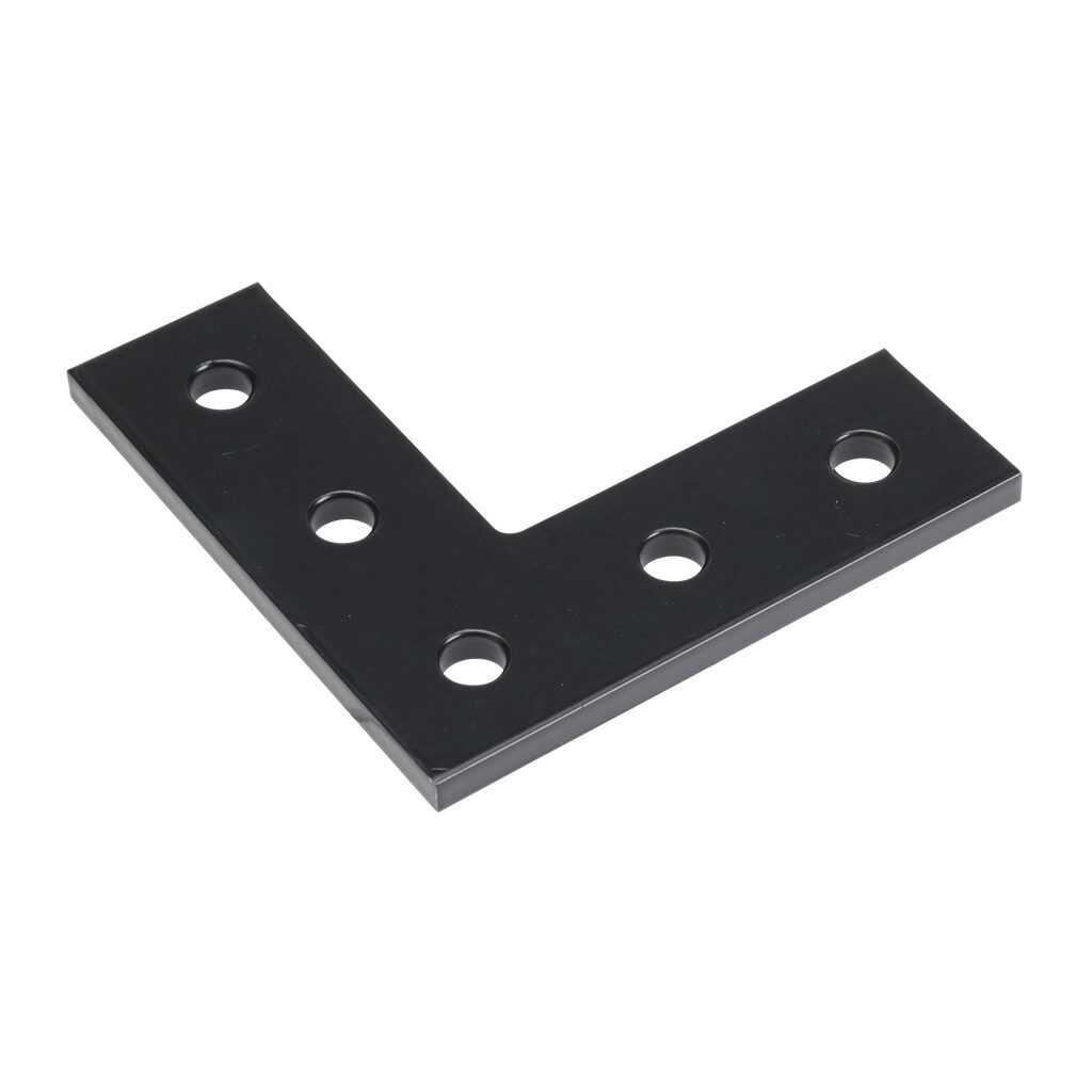 166246 - FATH L-shaped flat plate, black, 90-degree, 5 holes, aluminum, slot size 6. For use with all 1in and 2in profile T-slotted rails. Manufacturer part number: 093EVL7676S02S.