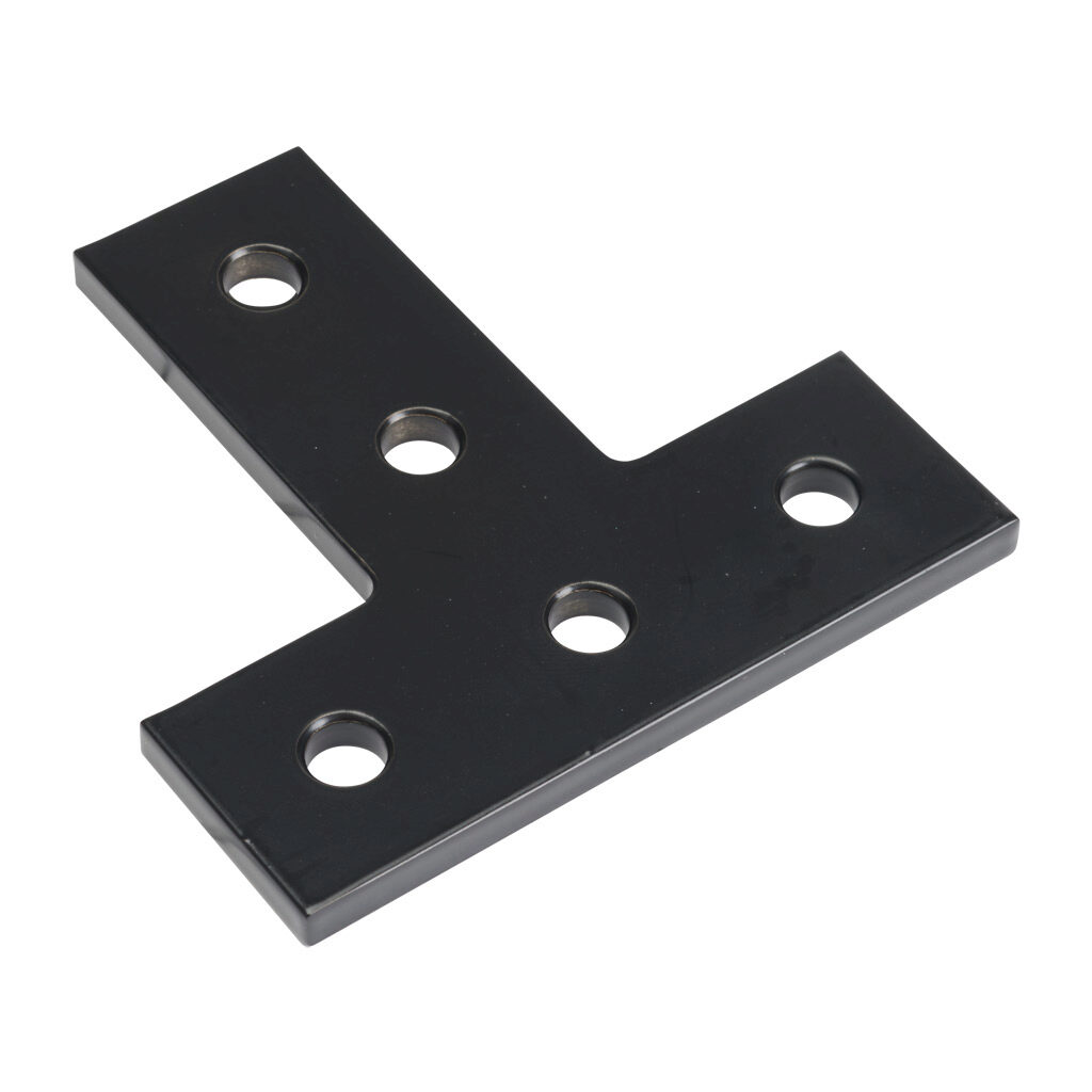 166247 - FATH T-shaped flat plate, black, 5 holes, aluminum, slot size 6. For use with all 1in and 2in profile T-slotted rails. Manufacturer part number: 093EVT7676S01S.