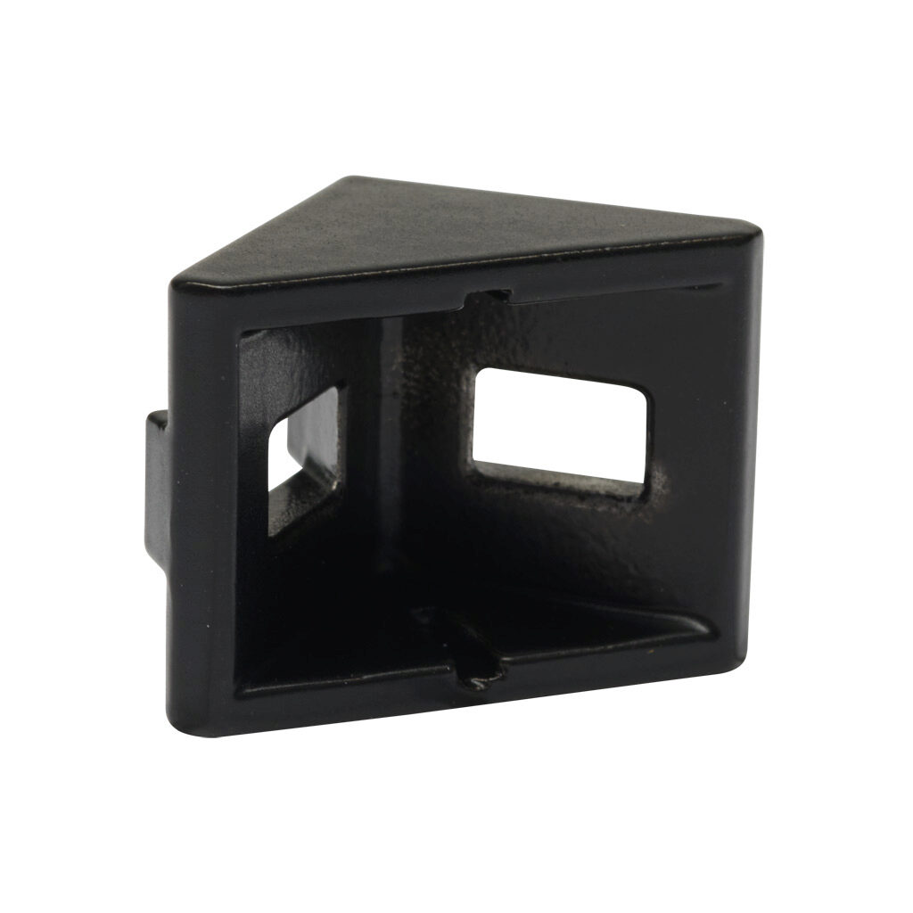 166249 - FATH inside corner bracket, black, 90-degree, 2 holes, die-cast aluminum, slot size 6. For use with all 1in and 2in profile T-slotted rails. Manufacturer part number: 093W203N06S.