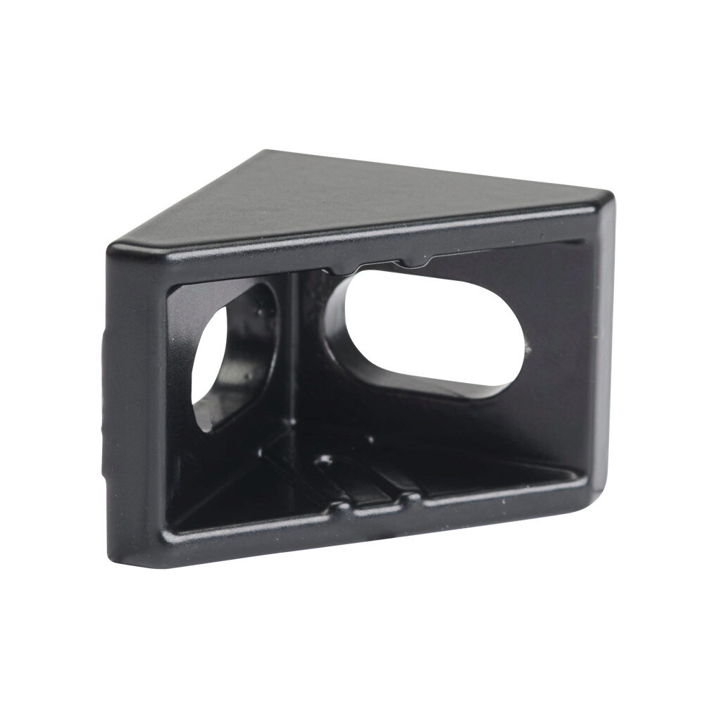 166250 - FATH inside corner bracket, black, 90-degree, 2 holes, die-cast zinc, slot size 6. For use with all 1in and 2in profile T-slotted rails. Manufacturer part number: 093W201N06S.