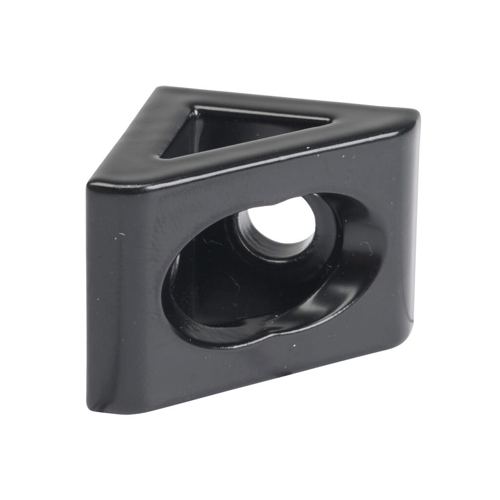166254 - FATH gusseted inside corner bracket, black, 90-degree, 2 holes, aluminum, slot size 6. For use with all 1in and 2in profile T-slotted rails. Manufacturer part number: 093W8104N06S.