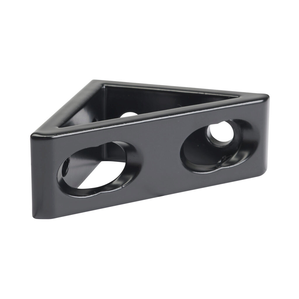 166255 - FATH tall gusseted inside corner bracket, black, 90-degree, 4 holes, aluminum, slot size 6. For use with all 1in and 2in profile T-slotted rails. Manufacturer part number: 093W8103N06S.