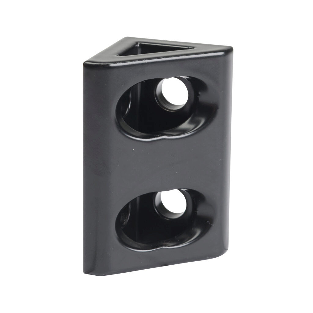 166256 - FATH wide gusseted inside corner bracket, black, 90-degree, 4 holes, aluminum, slot size 6. For use with all 1in and 2in profile T-slotted rails. Manufacturer part number: 093WD8104N06S.