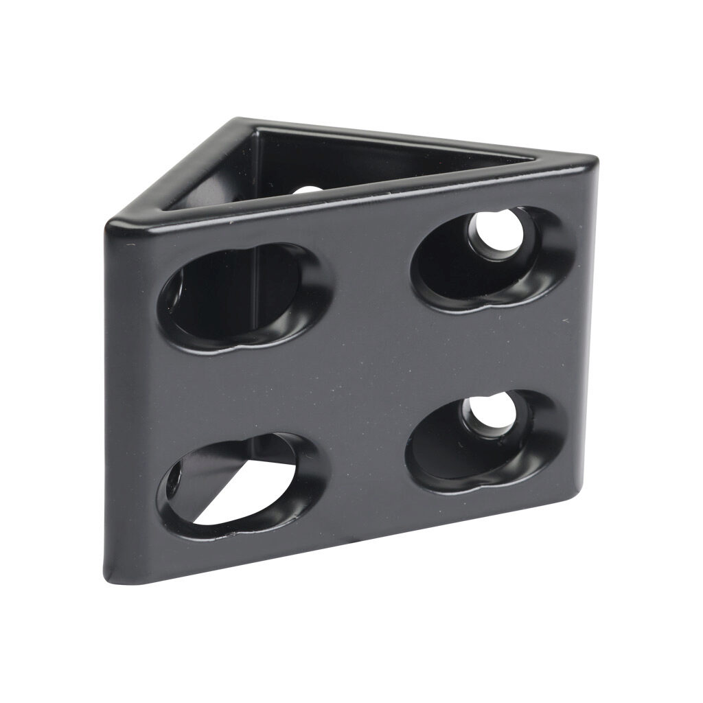 166257 - FATH gusseted inside corner bracket, black, 90-degree, 8 holes, aluminum, slot size 6. For use with all 1in and 2in profile T-slotted rails. Manufacturer part number: 093W8106N06S.