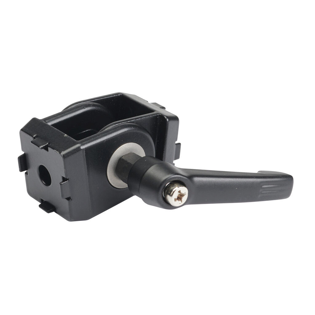 166259 - FATH pivot joint with locking handle, black, 178-degree adjustable, 2 holes, aluminum, slot size 6. For use with all 1in and 2in profile T-slotted rails. Manufacturer part number: 093GF25AN06S.