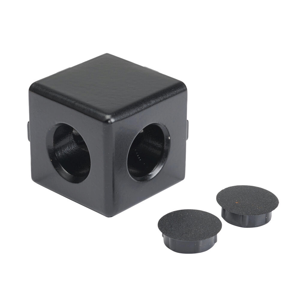 166302 - FATH 2D cube connector, black, 1.5 x 1.5 x 1.5in, die-cast aluminum, slot size 8. For use with all 1.5in and 3in profile T-slotted rails. Fasteners and (2) plastic cover caps included. Manufacturer part number: 093WW381N08S.