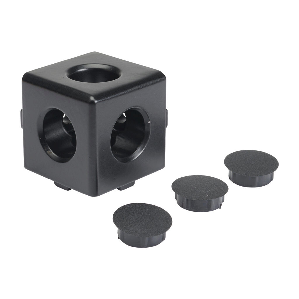 166303 - FATH 3D cube connector, black, 1.5 x 1.5 x 1.5in, die-cast aluminum, slot size 8. For use with all 1.5in and 3in profile T-slotted rails. Fasteners and (3) plastic cover caps included. Manufacturer part number: 093WW382N08S.