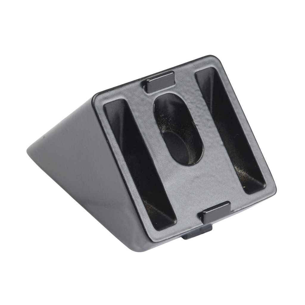 166304 - FATH angle connector, black, 45-degree, 1.5 x 1.5in, die-cast aluminum, slot size 8. For use with all 1.5in and 3in profile T-slotted rails. Fasteners included. Manufacturer part number: 093WS38145N08S.