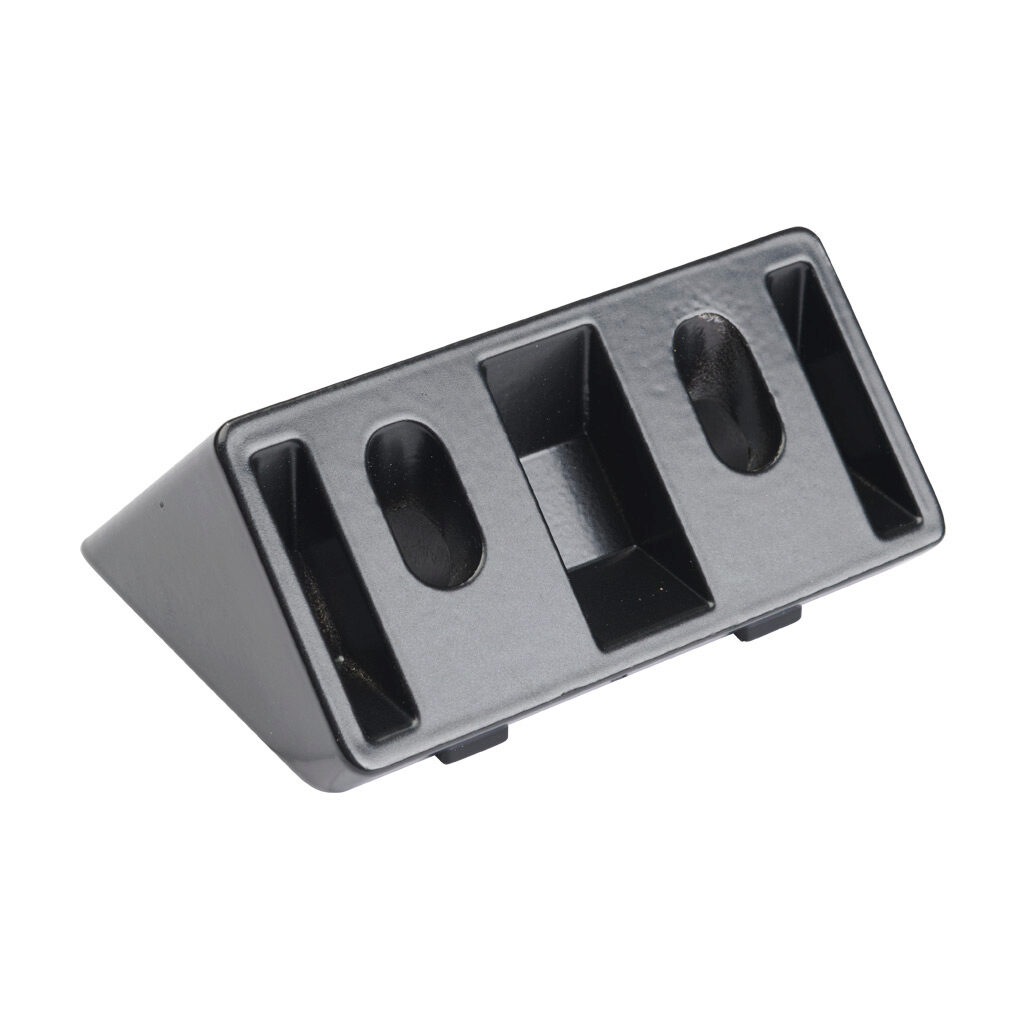 166305 - FATH angle connector, black, 45-degree, 1.5 x 3in, die-cast aluminum, slot size 8. For use with all 1.5in and 3in profile T-slotted rails. Fasteners included. Manufacturer part number: 093WS76145N08S.