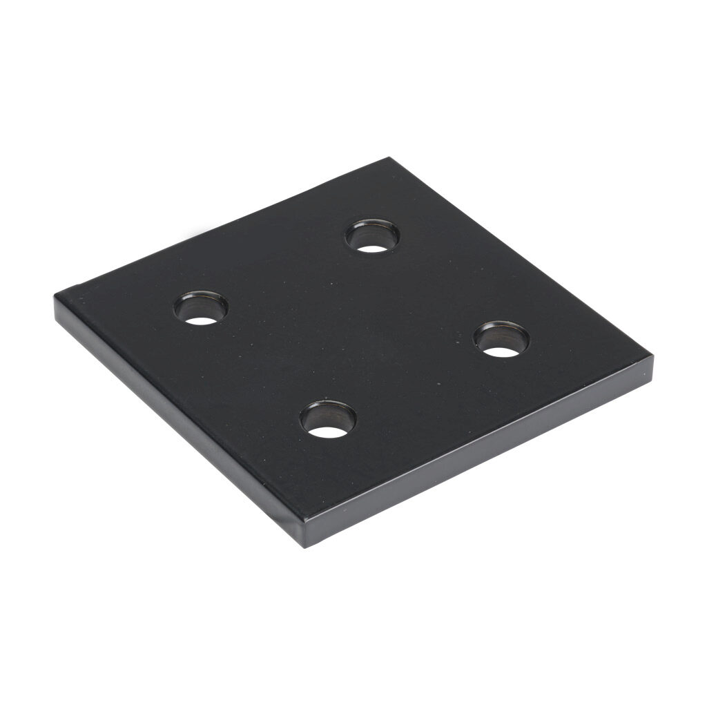 166309 - FATH square flat plate, black, 4 holes, aluminum, slot size 8. For use with all 1.5in and 3in profile T-slotted rails. Manufacturer part number: 093EVA7676S.