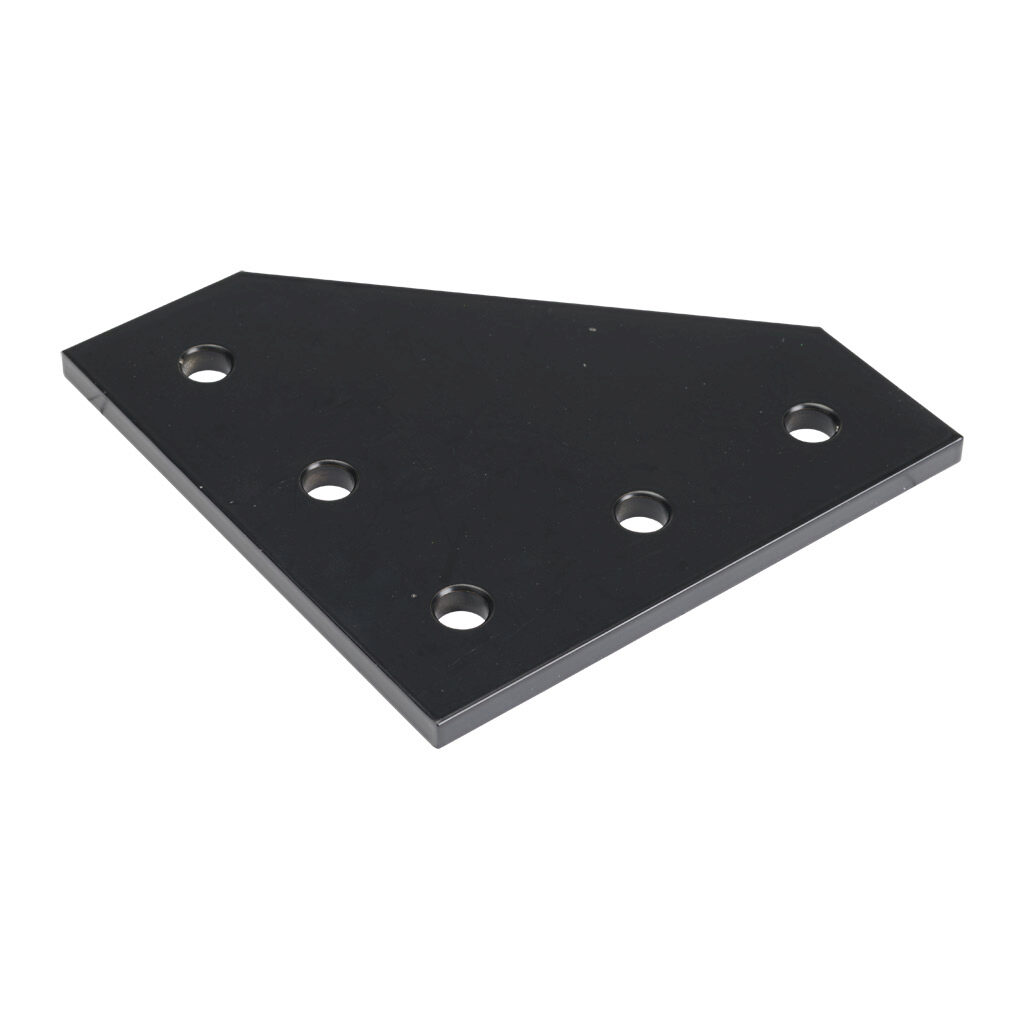 166313 - FATH flat plate, black, 90-degree, 5 holes, aluminum, slot size 8. For use with all 1.5in and 3in profile T-slotted rails. Manufacturer part number: 093EVL114114S.