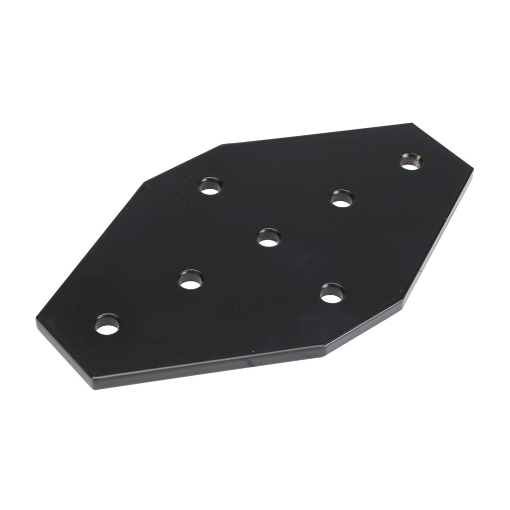 166317 - FATH cross flat plate, black, 7 holes, aluminum, slot size 8. For use with all 1.5in and 3in profile T-slotted rails. Manufacturer part number: 093EVX114190S.