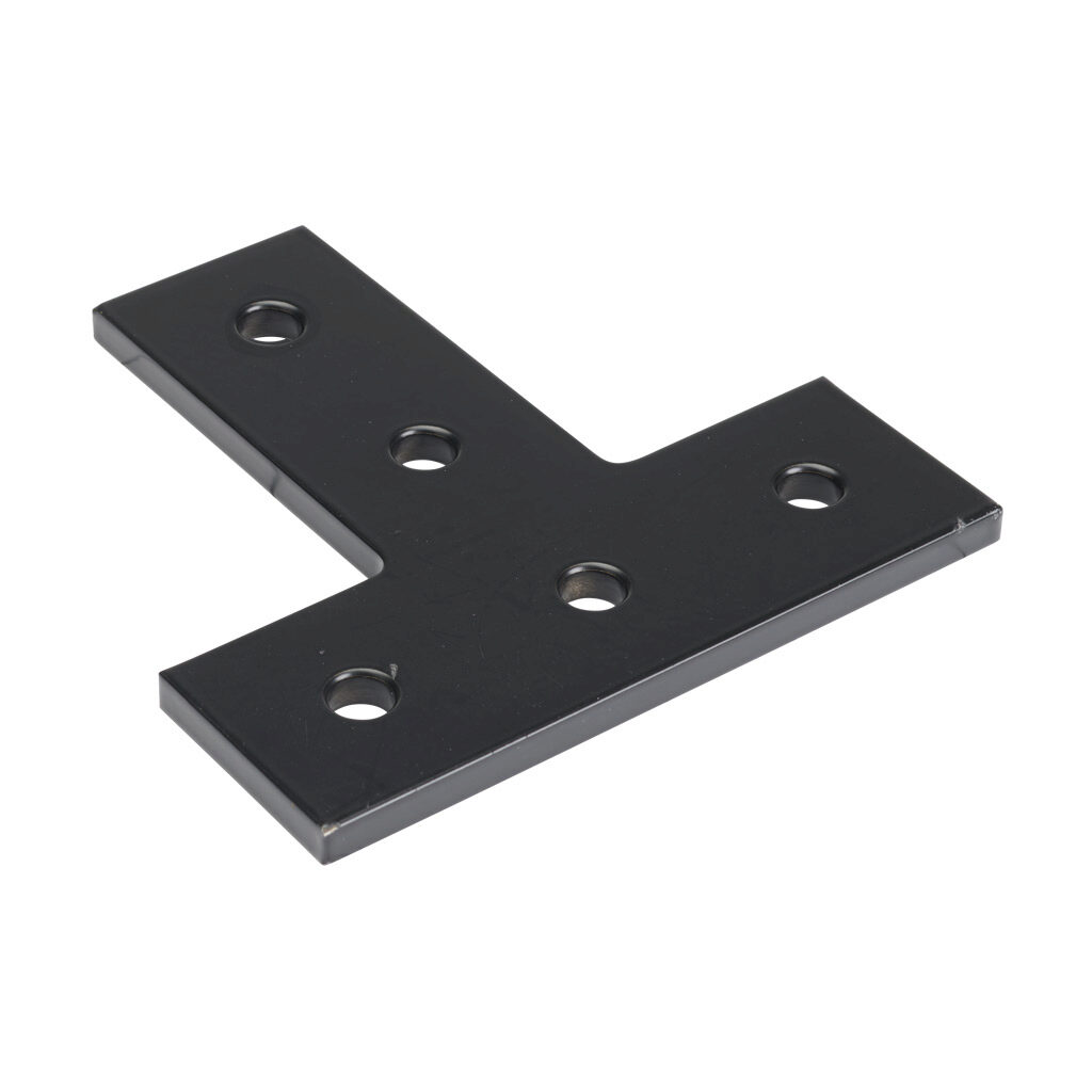166319 - FATH T-shaped flat plate, black, 5 holes, aluminum, slot size 8. For use with all 1.5in and 3in profile T-slotted rails. Manufacturer part number: 093EVT114114S01S.
