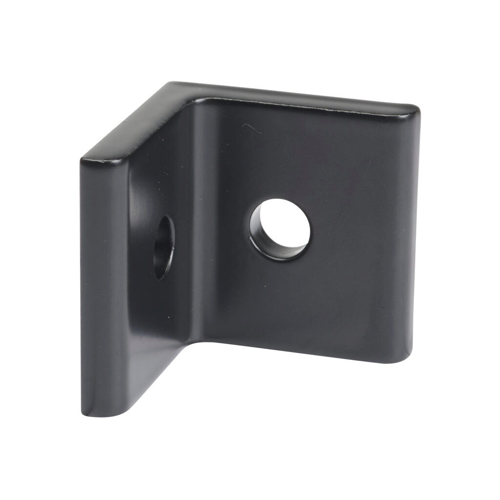 166320 - FATH inside corner bracket, black, 90-degree, 2 holes, aluminum, slot size 8. For use with all 1.5in and 3in profile T-slotted rails. Manufacturer part number: 093WD38S.