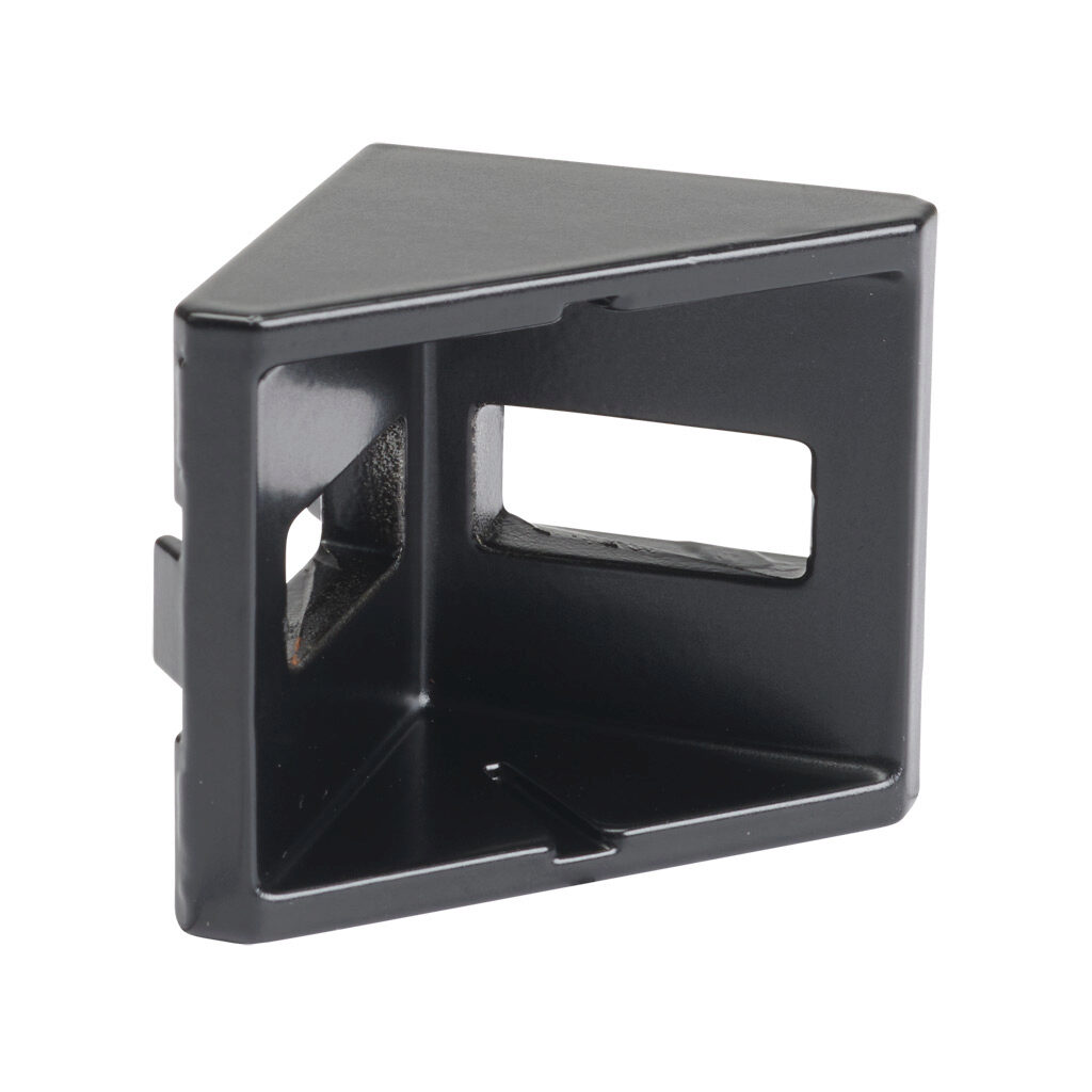 166321 - FATH inside corner bracket, black, 90-degree, 2 holes, die-cast aluminum, slot size 8. For use with all 1.5in and 3in profile T-slotted rails. Manufacturer part number: 093W404N08S.