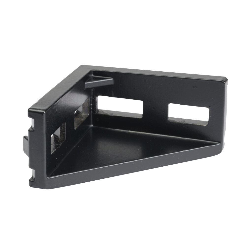 166322 - FATH inside corner bracket, black, 90-degree, 4 holes, die-cast aluminum, slot size 8. For use with all 1.5in, 3in, 40mm, and 80mm profile T-slotted rails. Manufacturer part number: 093W403N08S.