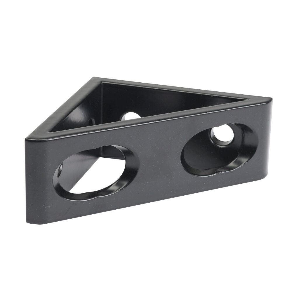 166328 - FATH tall gusseted inside corner bracket, black, 90-degree, 4 holes, aluminum, slot size 8. For use with all 1.5in and 3in profile T-slotted rails. Manufacturer part number: 093W8383N08S.