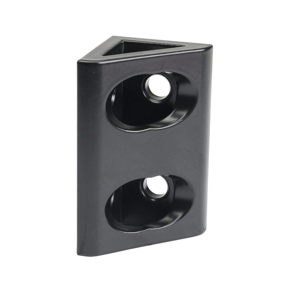 166329 - FATH wide gusseted inside corner bracket, black, 90-degree, 4 holes, aluminum, slot size 8. For use with all 1.5in and 3in profile T-slotted rails. Manufacturer part number: 093WD8384N08S.