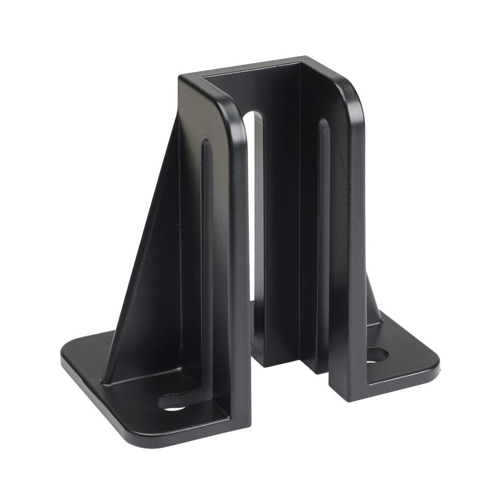166334 - FATH foot console, black, 1.5 x 1.5in, die-cast aluminum, slot size 8. For use with all 1.5in profile T-slotted rails. Manufacturer part number: 098G38L85128AS.