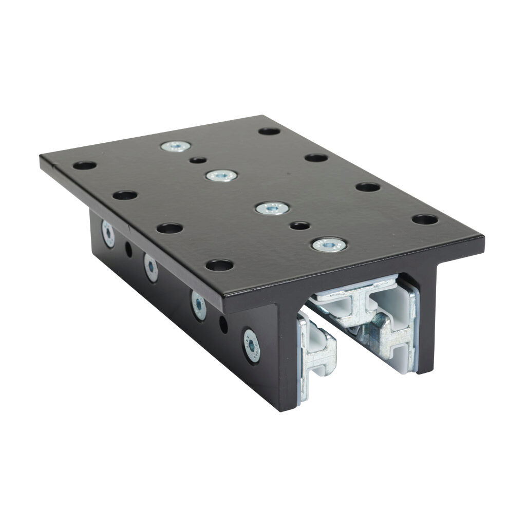 166340 - FATH 3-slot double-flange linear bearing, black, 103 x 160 x 48mm, aluminum/die-cast zinc/polyoxymethylene (POM), slot size 8. For use with all 1.5in profile T-slotted rails. Manufacturer part number: 093DF382S.