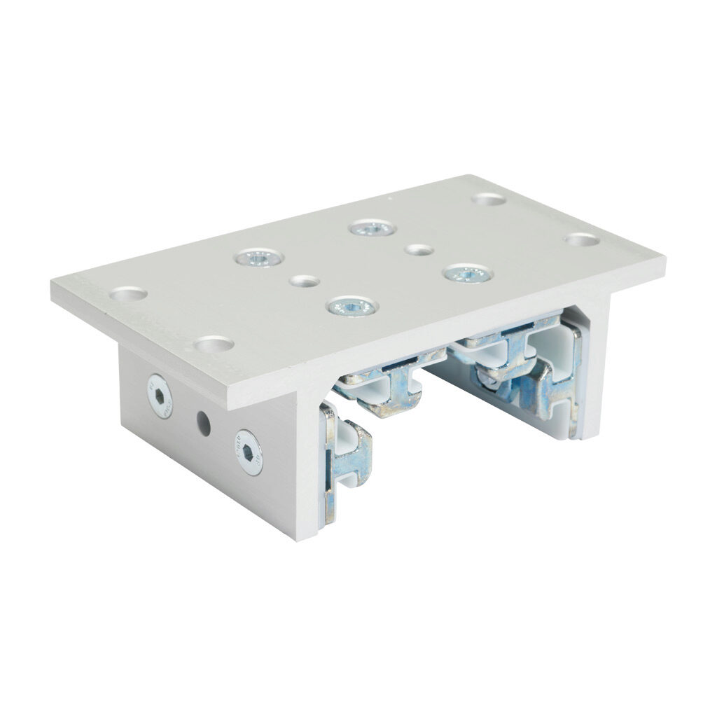 166341 - FATH 4-slot double-flange linear bearing, silver, 143 x 80 x 48mm, aluminum/die-cast zinc/polyoxymethylene (POM), slot size 8. For use with all 3in profile T-slotted rails. Manufacturer part number: 093DF761.