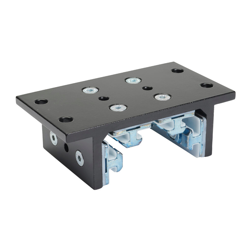 166342 - FATH 4-slot double-flange linear bearing, black, 143 x 80 x 48mm, aluminum/die-cast zinc/polyoxymethylene (POM), slot size 8. For use with all 3in profile T-slotted rails. Manufacturer part number: 093DF761S.