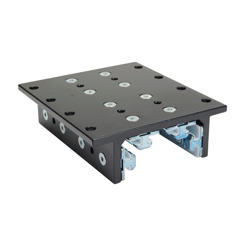 166344 - FATH 4-slot double-flange linear bearing, black, 143 x 160 x 48mm, aluminum/die-cast zinc/polyoxymethylene (POM), slot size 8. For use with all 3in profile T-slotted rails. Manufacturer part number: 093DF762S.