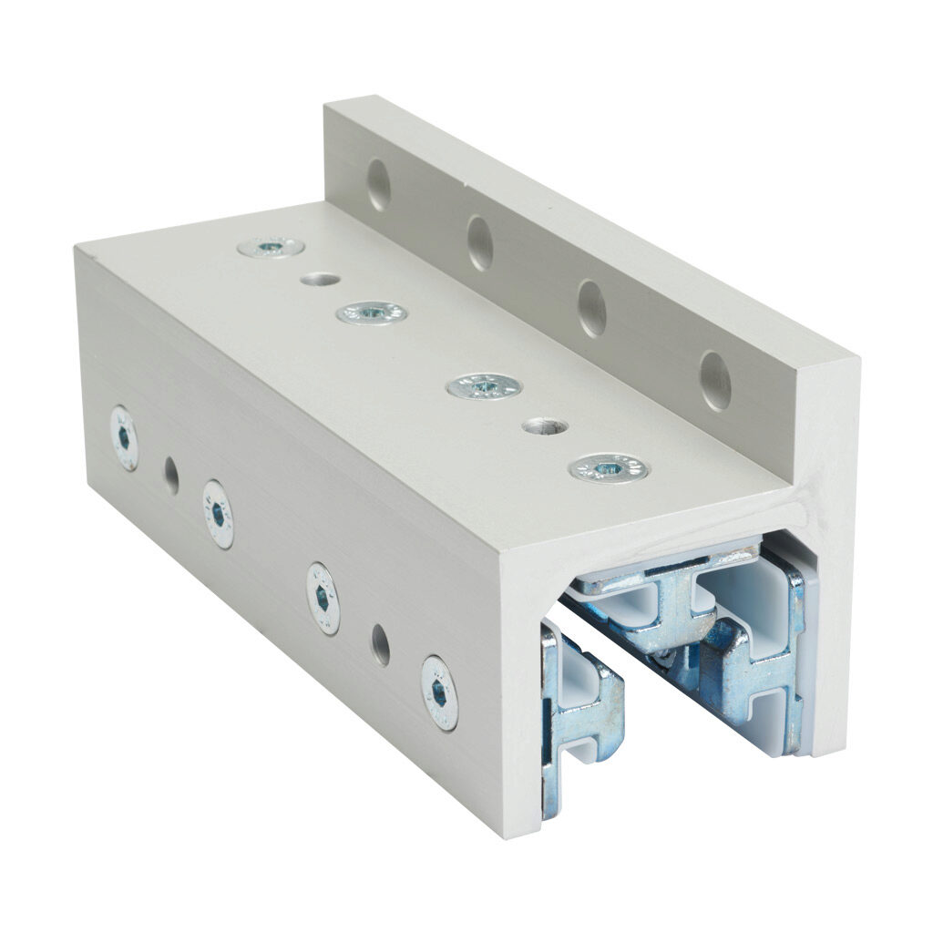 166347 - FATH 3-slot single-flange linear bearing, silver, 63 x 160 x 67mm, aluminum/die-cast zinc/polyoxymethylene (POM), slot size 8. For use with all 1.5in profile T-slotted rails. Manufacturer part number: 093SF382.