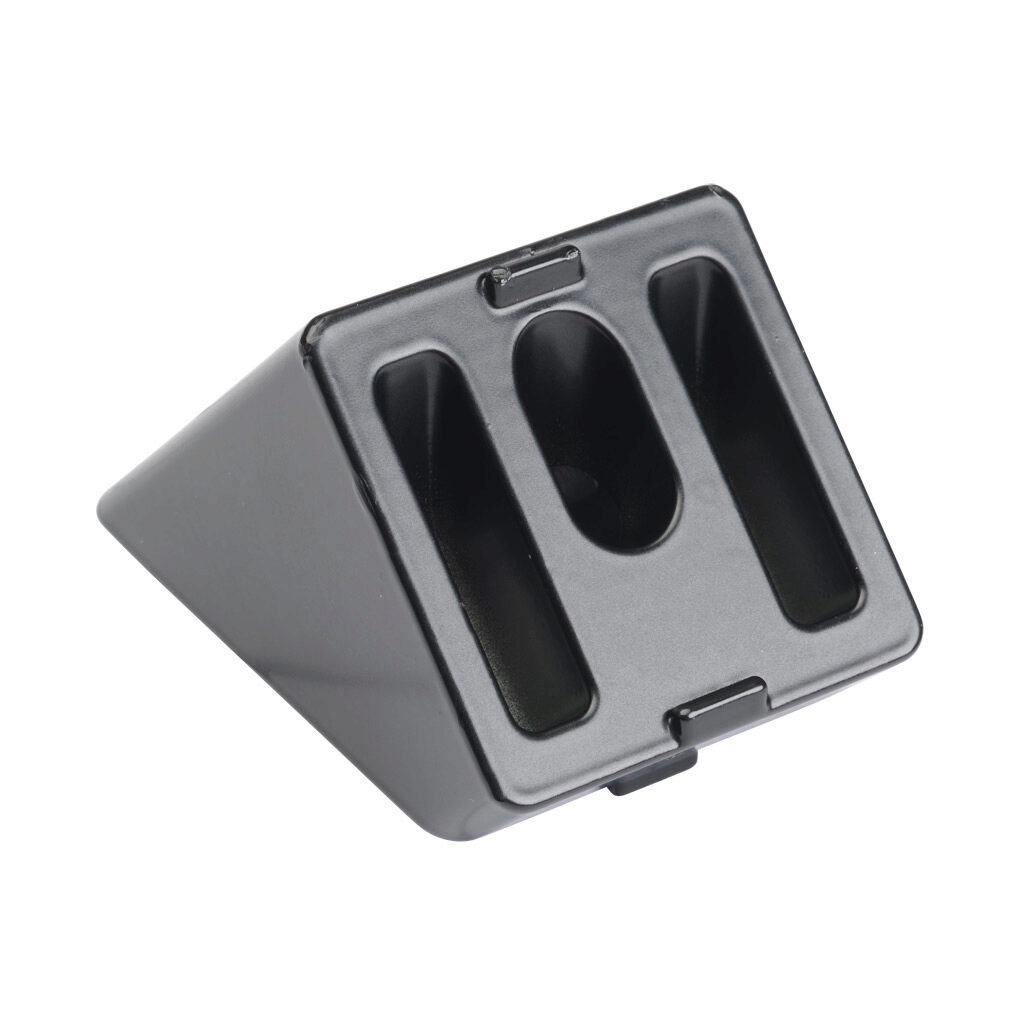 166371 - FATH angle connector, black, 45-degree, 40 x 40mm, die-cast aluminum, slot size 8. For use with all 40mm and 80mm profile T-slotted rails. Fasteners included. Manufacturer part number: 093WS40145N08S.