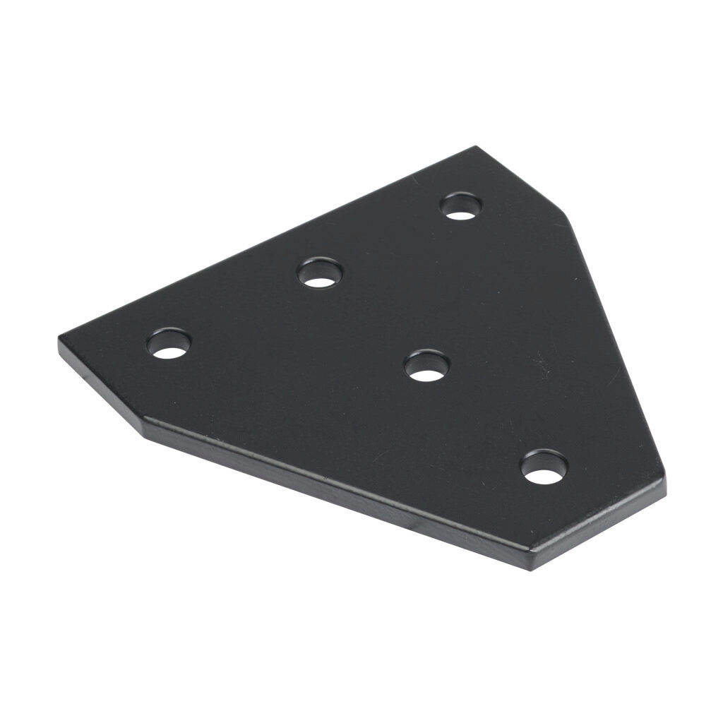166379 - FATH T-shaped flat plate, black, 5 holes, aluminum, slot size 8. For use with all 40mm and 80mm profile T-slotted rails. Manufacturer part number: 093VT120120S.