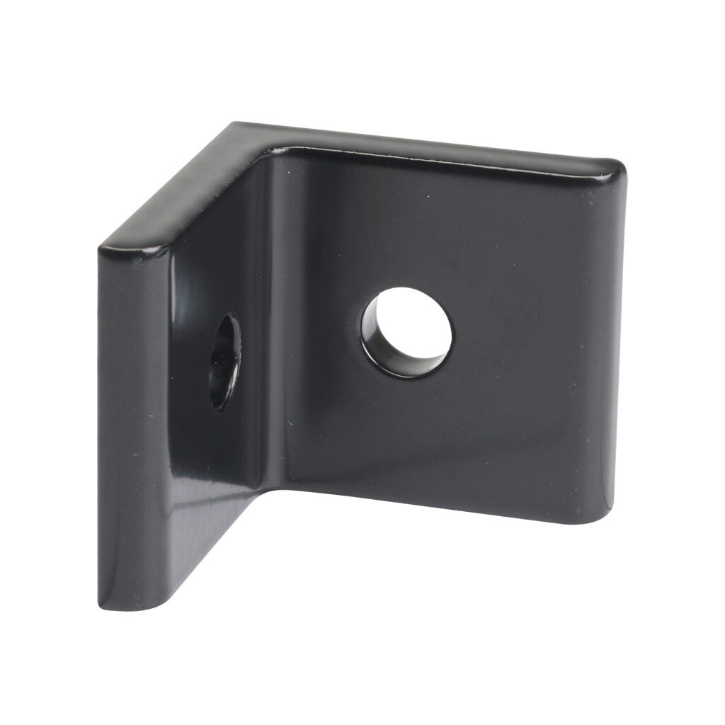 166381 - FATH inside corner bracket, black, 90-degree, 2 holes, aluminum, slot size 8. For use with all 40mm and 80mm profile T-slotted rails. Manufacturer part number: 093WD40S.