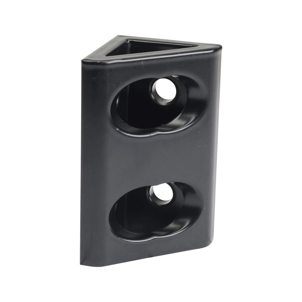 166387 - FATH wide gusseted inside corner bracket, black, 90-degree, 4 holes, aluminum, slot size 8. For use with all 40mm and 80mm profile T-slotted rails. Manufacturer part number: 093WD8404N08S.