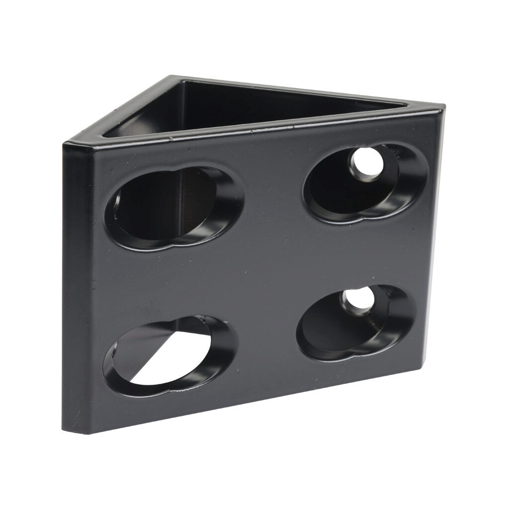 166388 - FATH gusseted inside corner bracket, black, 90-degree, 8 holes, aluminum, slot size 8. For use with all 40mm and 80mm profile T-slotted rails. Manufacturer part number: 093W8806N08S.