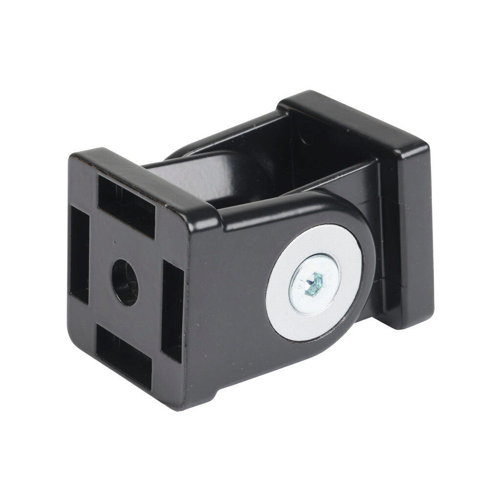 166389 - FATH pivot joint, black, 178-degree adjustable, 2 holes, aluminum, slot size 8. For use with all 40mm and 80mm profile T-slotted rails. Manufacturer part number: 093G40ANS.