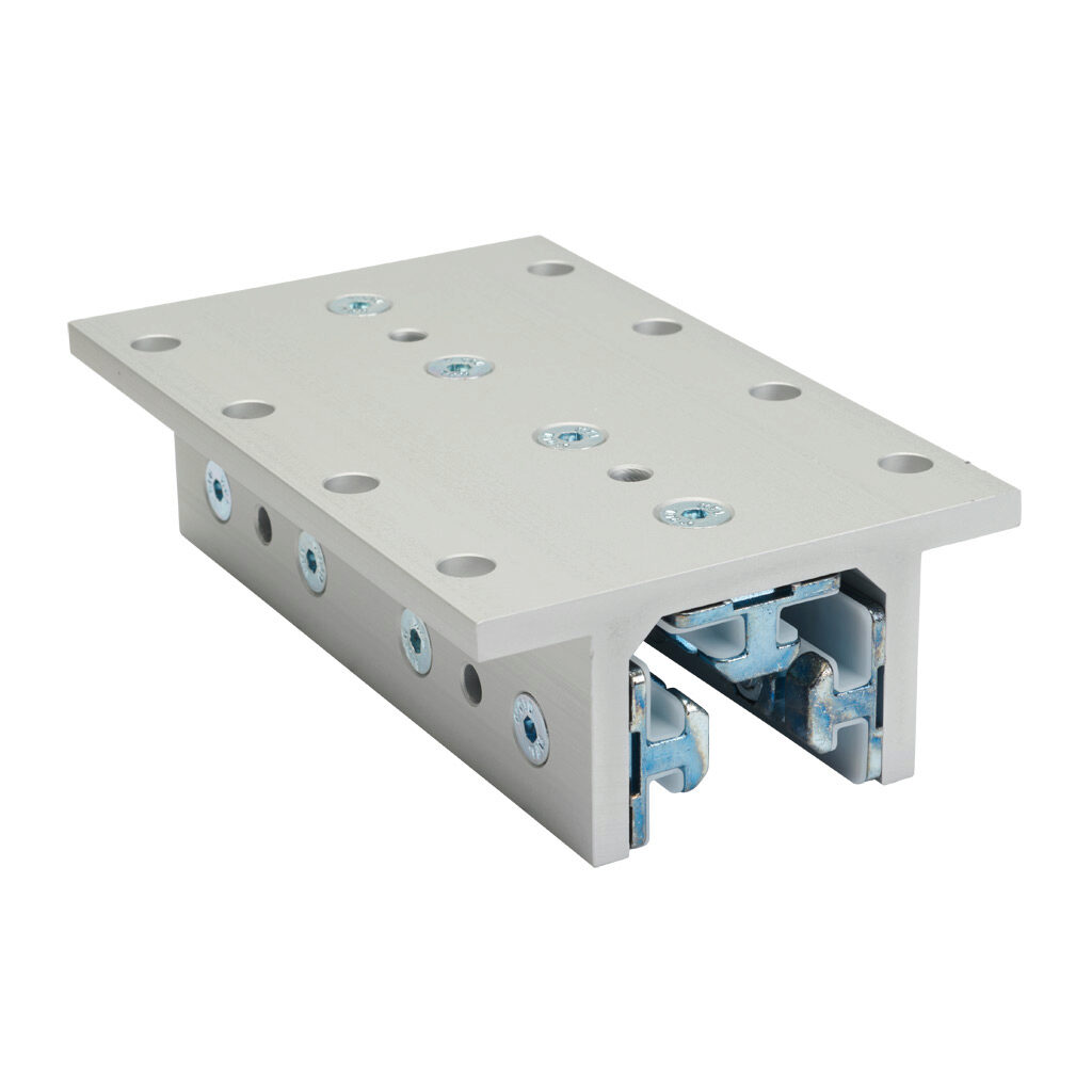 166395 - FATH 3-slot double-flange linear bearing, silver, 103 x 160 x 48mm, aluminum/die-cast zinc/polyoxymethylene (POM), slot size 8. For use with all 40mm profile T-slotted rails. Manufacturer part number: 093DF402.