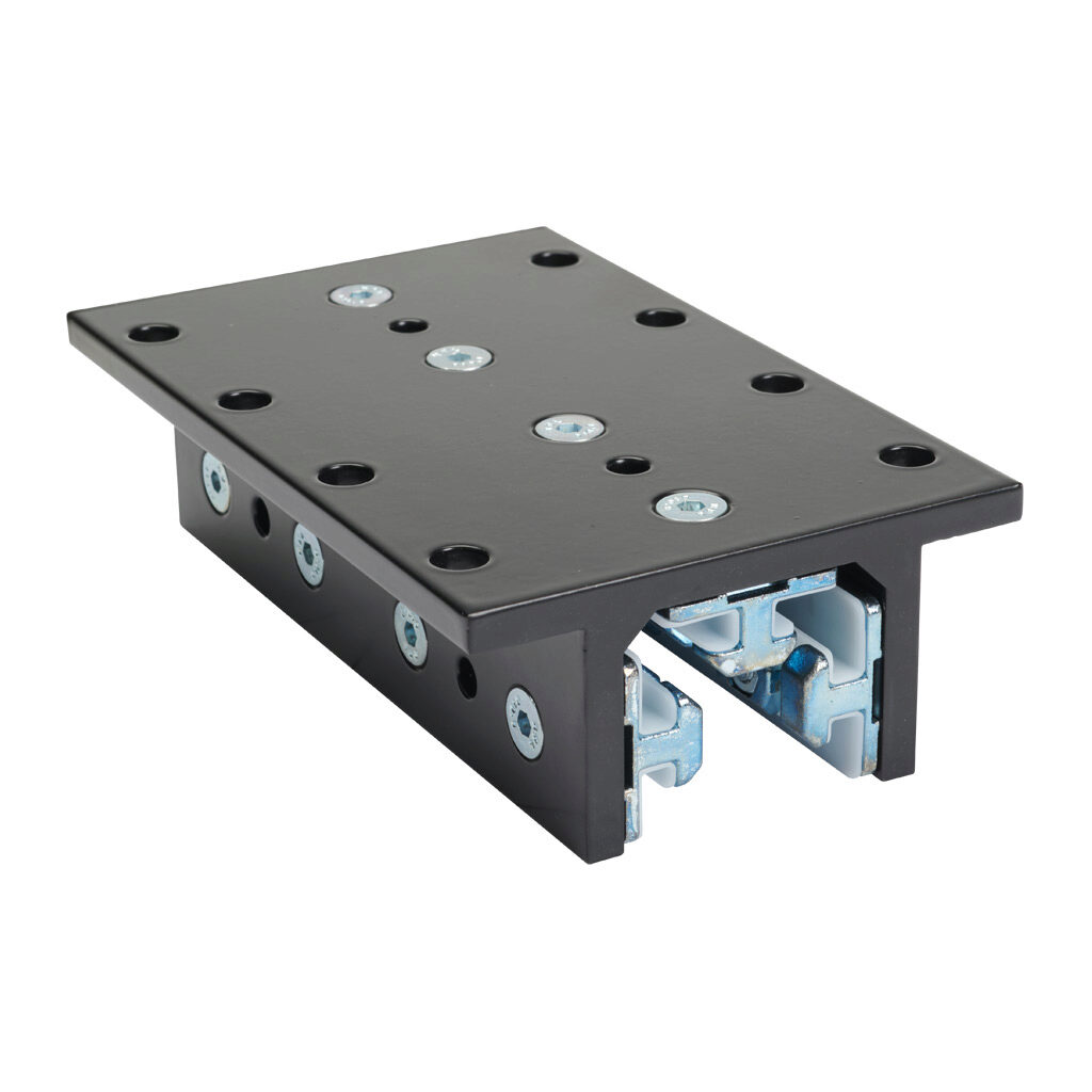 166396 - FATH 3-slot double-flange linear bearing, black, 103 x 160 x 48mm, aluminum/die-cast zinc/polyoxymethylene (POM), slot size 8. For use with all 40mm profile T-slotted rails. Manufacturer part number: 093DF402S.
