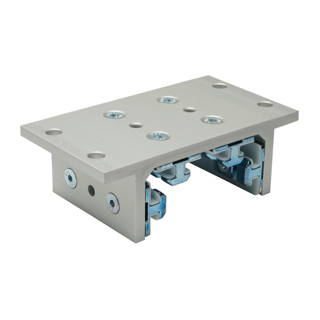 166397 - FATH 4-slot double-flange linear bearing, silver, 143 x 80 x 48mm, aluminum/die-cast zinc/polyoxymethylene (POM), slot size 8. For use with all 80mm profile T-slotted rails. Manufacturer part number: 093DF801.