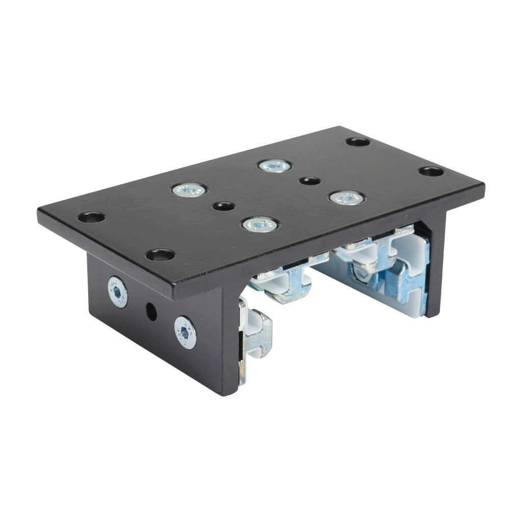 166398 - FATH 4-slot double-flange linear bearing, black, 143 x 80 x 48mm, aluminum/die-cast zinc/polyoxymethylene (POM), slot size 8. For use with all 80mm profile T-slotted rails. Manufacturer part number: 093DF801S.