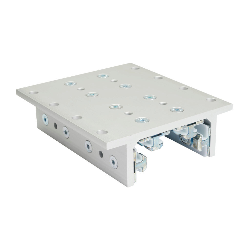 166399 - FATH 4-slot double-flange linear bearing, silver, 143 x 160 x 48mm, aluminum/die-cast zinc/polyoxymethylene (POM), slot size 8. For use with all 80mm profile T-slotted rails. Manufacturer part number: 093DF802.