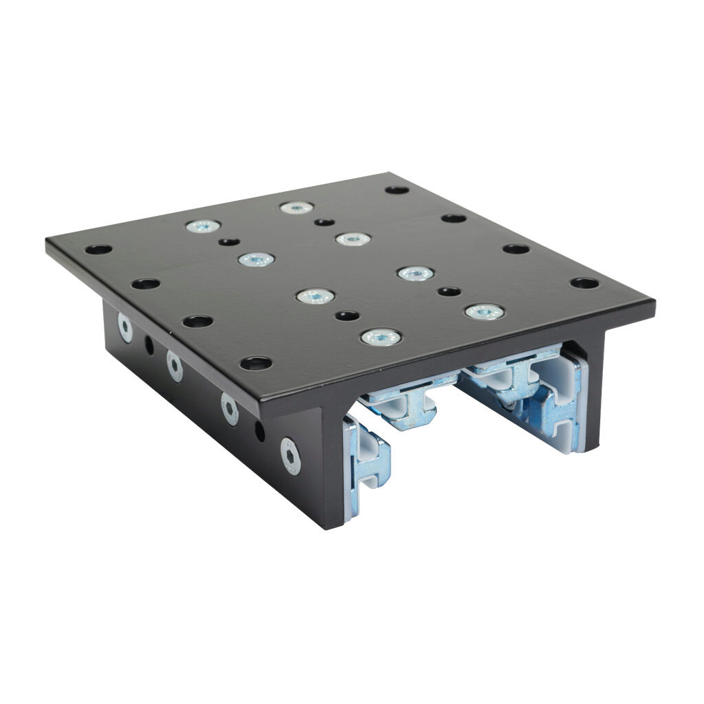 166400 - FATH 4-slot double-flange linear bearing, black, 143 x 160 x 48mm, aluminum/die-cast zinc/polyoxymethylene (POM), slot size 8. For use with all 80mm profile T-slotted rails. Manufacturer part number: 093DF802S.