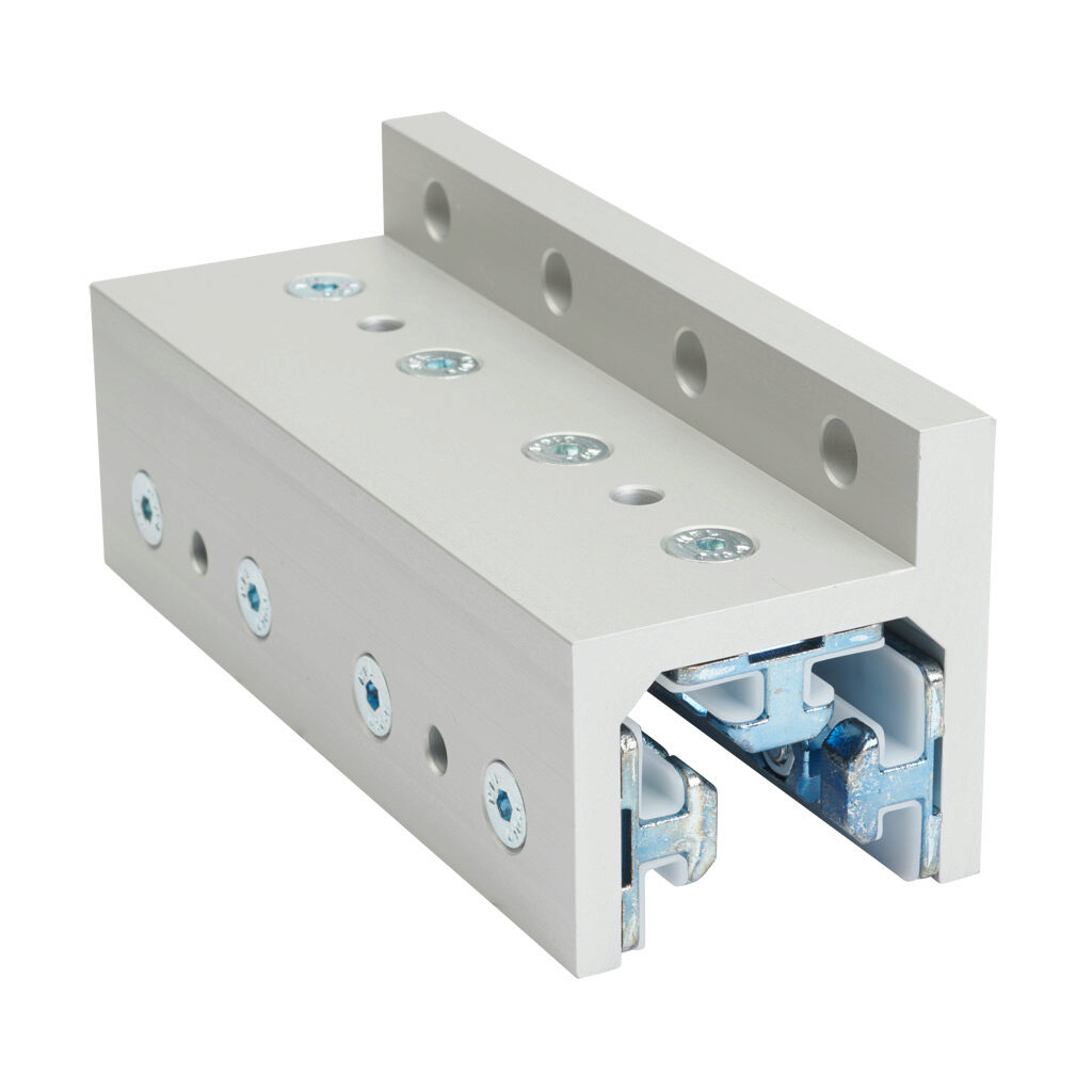 166403 - FATH 3-slot single-flange linear bearing, silver, 63 x 160 x 67mm, aluminum/die-cast zinc/polyoxymethylene (POM), slot size 8. For use with all 40mm profile T-slotted rails. Manufacturer part number: 093SF402.