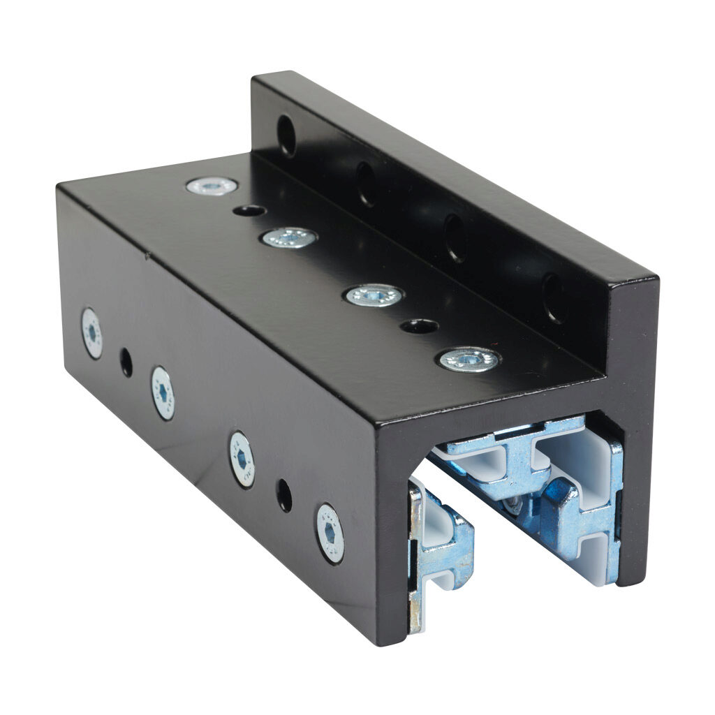 166404 - FATH 3-slot single-flange linear bearing, black, 63 x 160 x 67mm, aluminum/die-cast zinc/polyoxymethylene (POM), slot size 8. For use with all 40mm profile T-slotted rails. Manufacturer part number: 093SF402S.