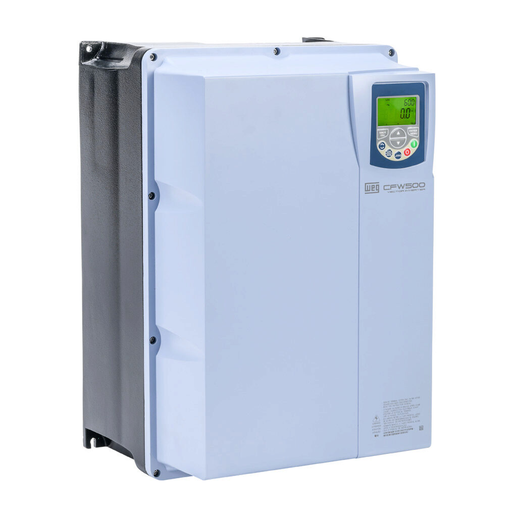 16905623 - WEG Electric CFW500 series AC high-performance drive, NEMA 4X, 230 VAC, 15hp with 3-phase input, SVC, V/Hz, VVW, FOC, encoder or torque mode, C frame, RS-485, integrated dynamic braking. Optional communication and STO modules available.
