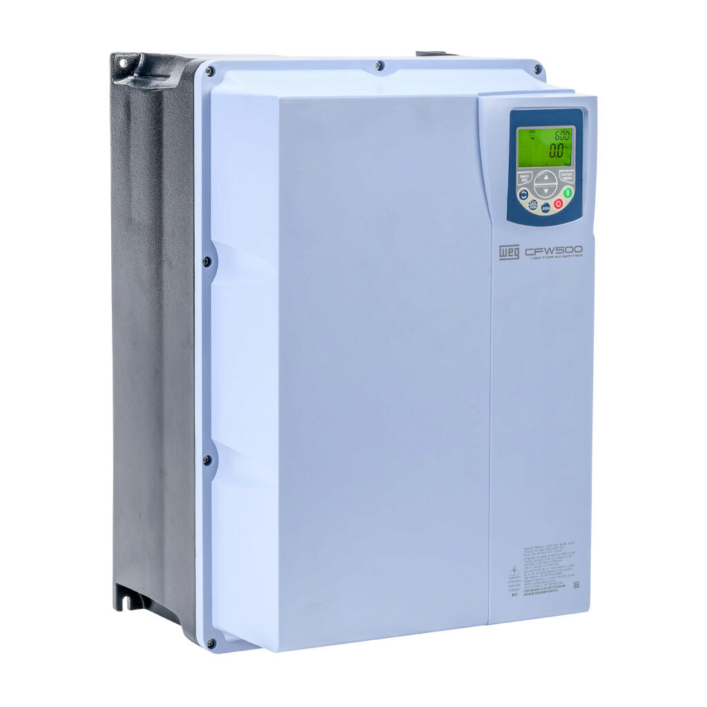 16905795 - WEG Electric CFW500 series AC high-performance drive, NEMA 4X, 230 VAC, 20hp with 3-phase input, SVC, V/Hz, VVW, FOC, encoder or torque mode, C frame, RS-485, integrated dynamic braking. Optional communication and STO modules available.