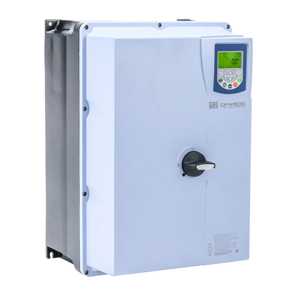 16906332 - WEG Electric CFW500 series AC high-performance drive with disconnect, NEMA 4X, 460 VAC, 30hp with 3-phase input, SVC, V/Hz, VVW, FOC, encoder or torque mode, C frame, RS-485, integrated dynamic braking. Optional communication and STO mo...